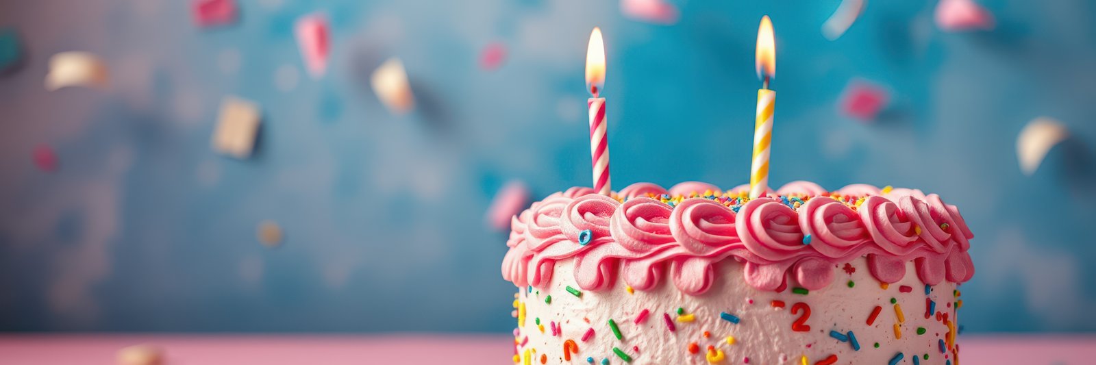 Celebration with a colorful birthday cake featuring two candles and festive decorations scattered in the background